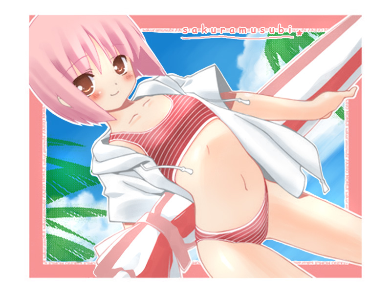 akino momiji, sakura musubi, 1girl, bikini, blush, day, dutch angle, female focus, flat chest, hood, hoodie, loli, pink hair, red bikini, red eyes, short hair, smile, solo, striped bikini, striped clothes, swimsuit, umbrella