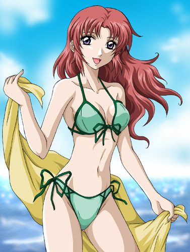 meyrin hawke, gundam, gundam seed, gundam seed destiny, lowres, 00s, aqua bikini, bikini, day, purple eyes, side-tie bikini bottom, solo, swimsuit, towel