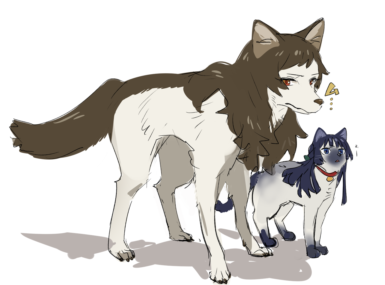 yomosaka, kitazawa shiho, mogami shizuka, idolmaster, idolmaster million live!, animal, animal collar, animal focus, animalization, black hair, blue eyes, brown hair, cat, closed mouth, collar, full body, long hair, no humans, red eyes, simple background, standing, white background, wolf