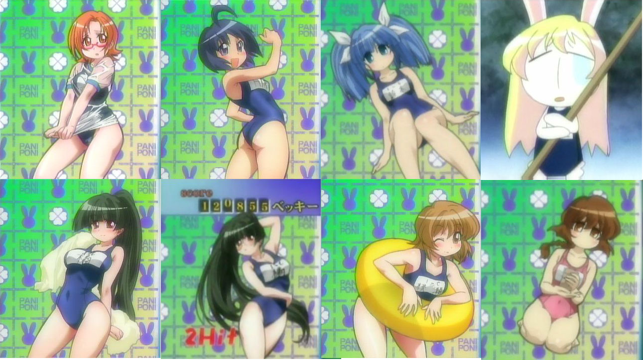 ichijou, katagiri himeko, mesousa, momose kurumi, suzuki sayaka, tachibana rei, uehara miyako, pani poni dash!, anime screenshot, official art, 00s, 6+girls, collage, innertube, multiple girls, name tag, no pants, one-piece swimsuit, school swimsuit, shirt, swim ring, swimsuit, swimsuit under clothes, wet, wet clothes, wet shirt