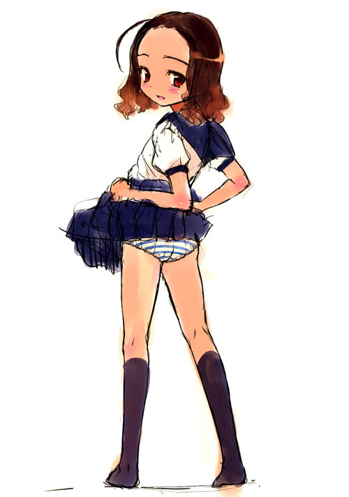 sasahara yuuki, original, 1girl, back, black socks, blue panties, blush, brown eyes, brown hair, clothes lift, female focus, from behind, kneehighs, kneepits, lifting own clothes, long hair, looking back, panties, pleated skirt, school uniform, serafuku, skirt, skirt lift, socks, solo, standing, striped clothes, striped panties, underwear