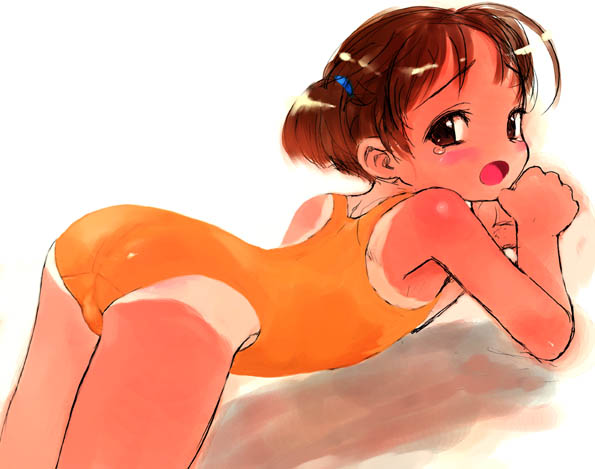 sasahara yuuki, original, 1girl, arched back, ass, brown hair, female focus, loli, looking at viewer, one-piece swimsuit, one-piece tan, open mouth, short hair, short twintails, solo, swimsuit, tan, tanline, twintails