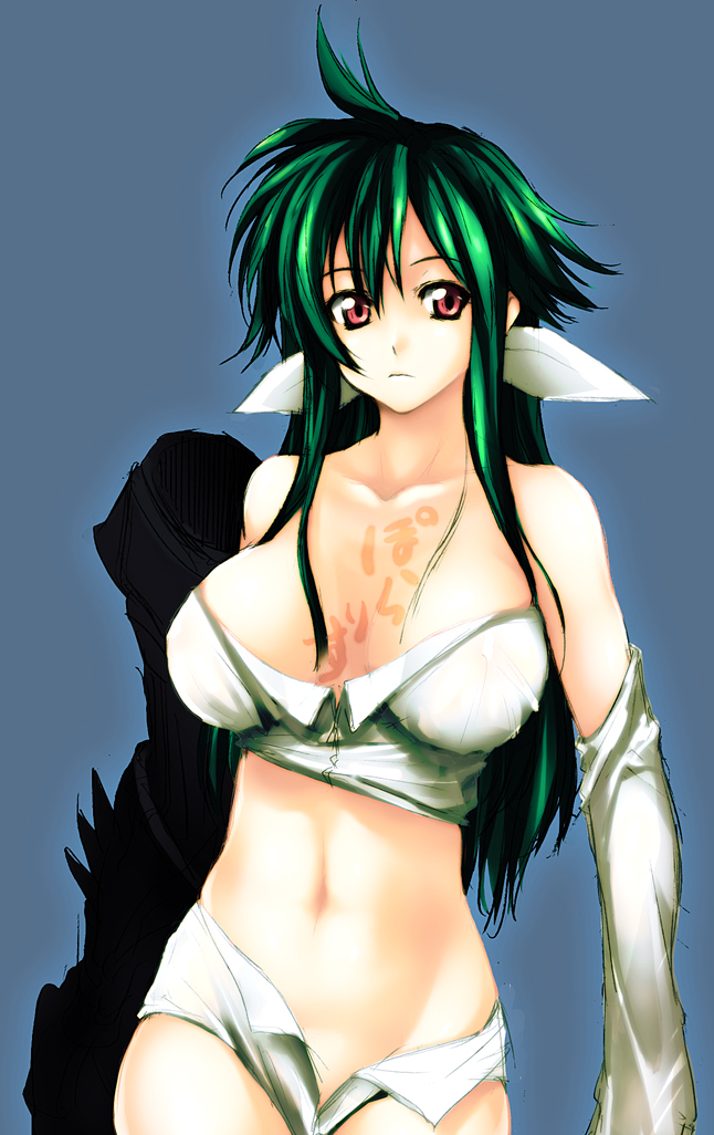 puyo (puyotopia), polaris (shinrabanshou), shinrabanshou, 1girl, ahoge, body writing, bow, detached sleeves, female focus, green hair, hair bow, long hair, midriff, navel, red eyes, ribbon, short shorts, shorts, solo, tattoo