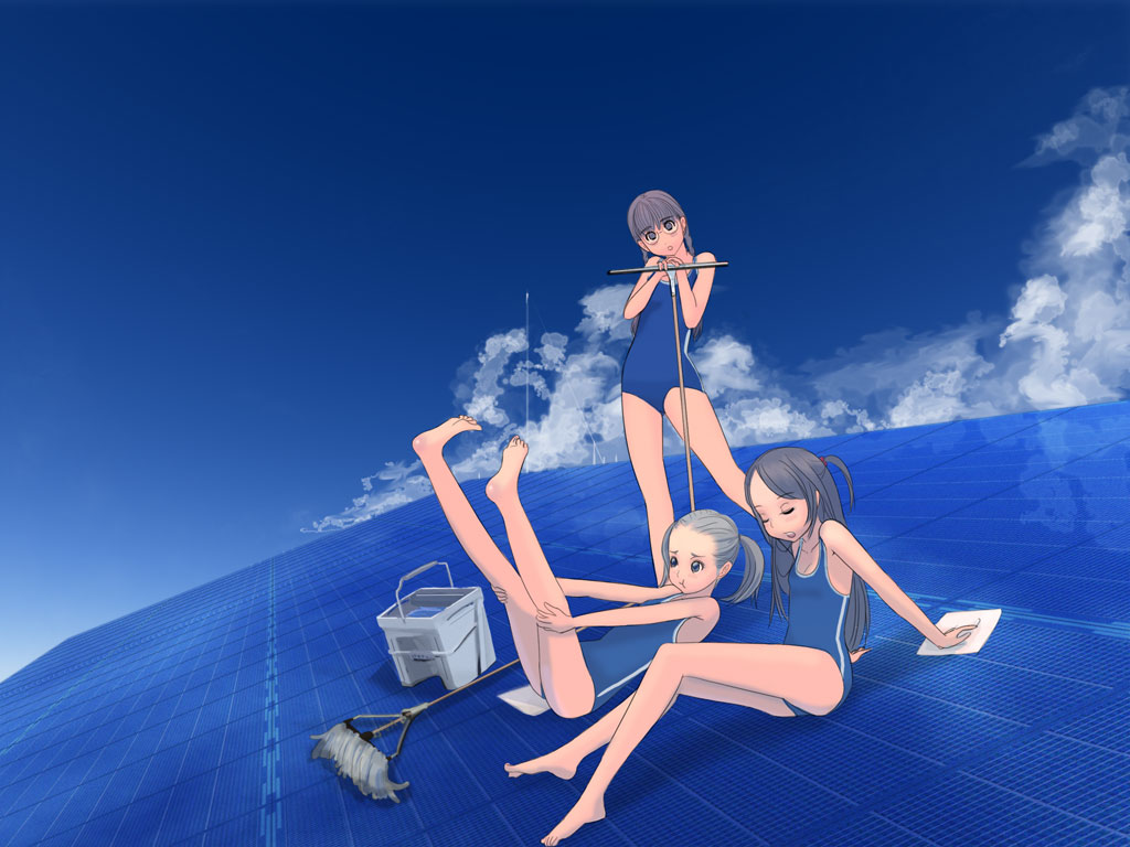 kiriman (souldeep), original, 3girls, arm support, barefoot, blue theme, braid, bucket, cleaning, closed eyes, cloud, day, feet, glasses, grey hair, legs up, long hair, mop, multiple girls, one-piece swimsuit, ponytail, pout, rooftop, school uniform, serafuku, sigh, sky, solar panel, soles, swimsuit, toes, twintails, water