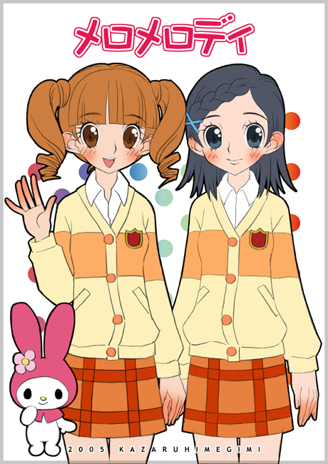 my melody, sakurazuka miki, yumeno uta, onegai my melody, sanrio, 00s, 2girls, holding hands, multiple girls, school uniform, serafuku, thighs