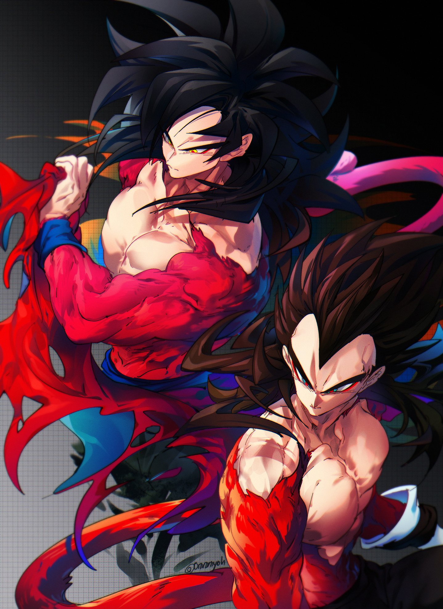 ommmyoh, son goku, son goku (xeno), vegeta, vegeta (xeno), dragon ball, dragon ball heroes, highres, black hair, blue sash, closed mouth, dougi, gloves, long hair, male focus, monkey boy, monkey tail, multiple boys, muscular, muscular male, pants, red fur, saiyan, sash, spiked hair, super saiyan, super saiyan 4, tail, time patrol (dragon ball), twitter username