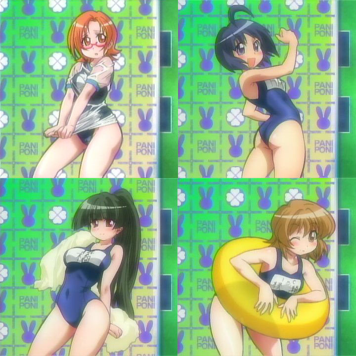 katagiri himeko, momose kurumi, tachibana rei, uehara miyako, pani poni dash!, anime screenshot, official art, 00s, 4girls, collage, multiple girls, name tag, no pants, one-piece swimsuit, school swimsuit, swimsuit, swimsuit under clothes