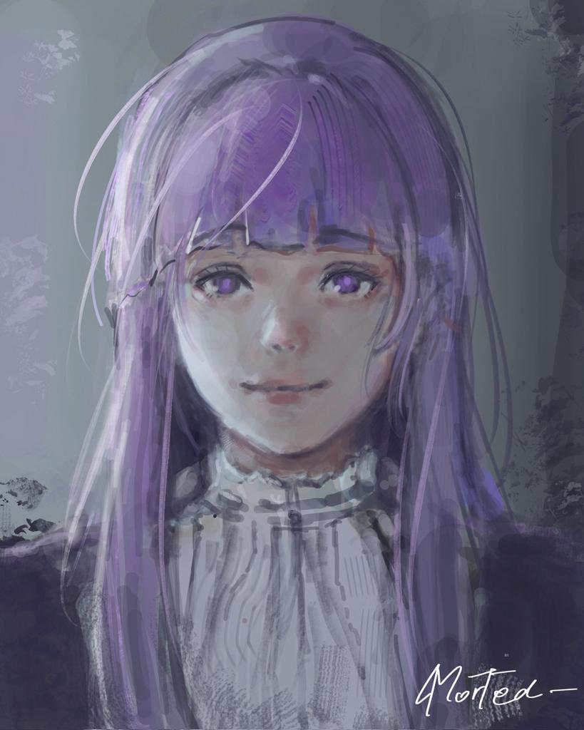 fern (sousou no frieren), sousou no frieren, commentary, 1girl, blunt bangs, closed mouth, lips, long hair, looking at viewer, morted art, painterly, portrait, purple eyes, purple hair, signature, smile, solo, straight hair