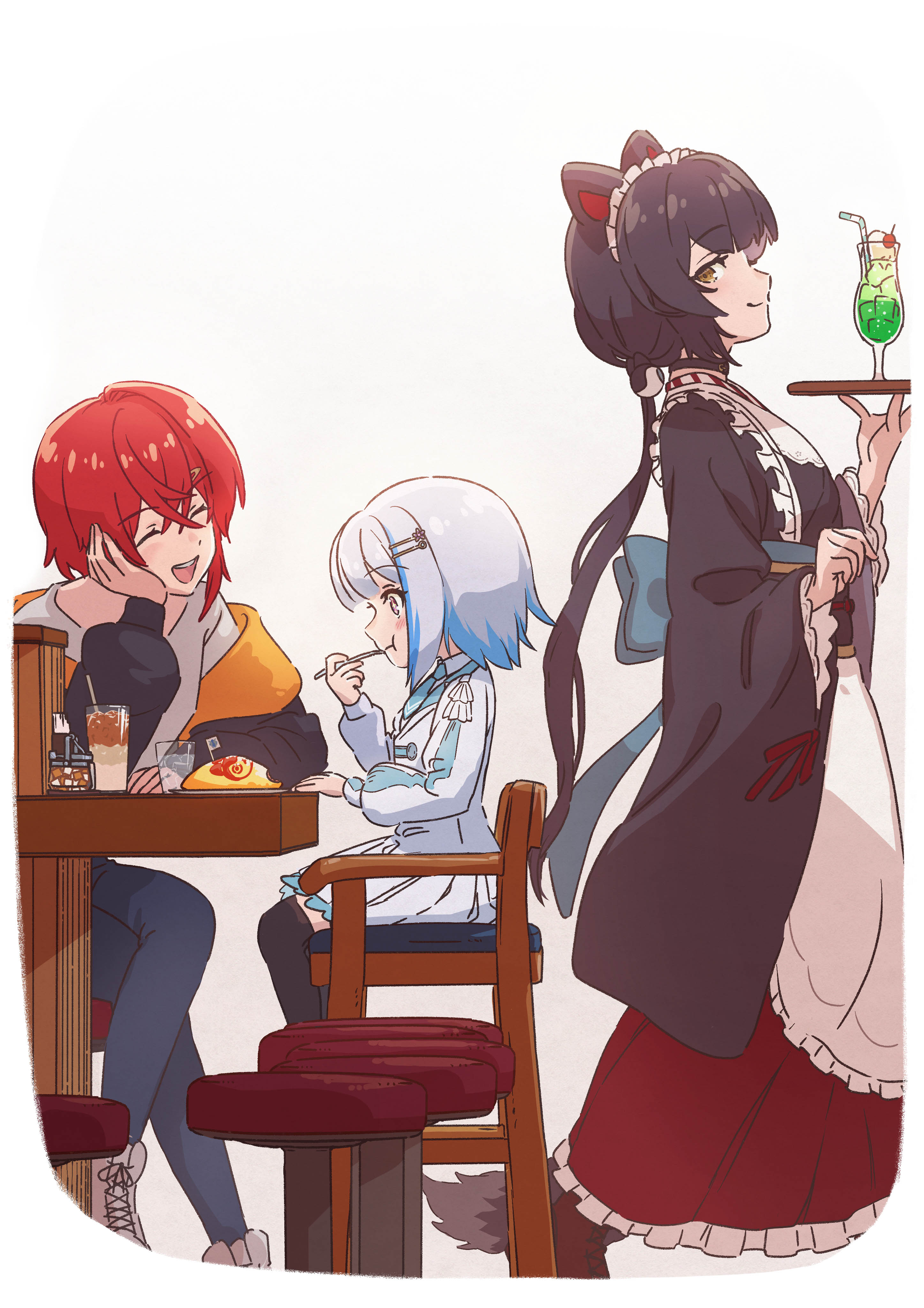 asada7101, ange katrina, ange katrina (5th costume), banken (inui toko), inui toko, inui toko (1st costume), lize helesta, lize helesta (7th costume), nijisanji, absurdres, commentary request, highres, :d, :t, ^ ^, animal ears, animal hair ornament, ankle boots, apron, arm rest, bar stool, black jacket, black thighhighs, blue hair, blue necktie, blue pants, blush, boots, border, breasts, brown boots, brown collar, brown hair, brown kimono, cafe, closed eyes, closed mouth, collar, colored tips, crossed bangs, crossed legs, cup, denim, dog ears, dog girl, dog tail, drinking glass, drinking straw, eating, elbow rest, food, food art, frilled apron, frilled skirt, frills, from side, gradient background, grey background, hair between eyes, hair ornament, hairpin, hand on own cheek, hand on own face, hand on table, hand up, head rest, holding, holding tray, ice cream, ice cream float, jacket, japanese clothes, jeans, kimono, long hair, long skirt, long sleeves, looking back, low ponytail, maid, maid headdress, melon soda, miniskirt, multicolored hair, multiple hairpins, necktie, obi, obiage, obijime, off shoulder, omelet, omurice, open clothes, open jacket, open mouth, orange jacket, pants, pleated skirt, ponytail, profile, puffy long sleeves, puffy sleeves, purple eyes, red hair, red skirt, sanbaka (nijisanji), sash, serving, shirt, short hair, short necktie, single sidelock, sitting, skirt, small breasts, smile, sparkling eyes, stool, streaked hair, table, tail, tail under clothes, teeth, thighhighs, tray, two-sided fabric, two-sided jacket, two-tone hair, upper teeth only, utensil in mouth, very long hair, virtual youtuber, wa maid, waist apron, walking, white apron, white background, white boots, white border, white hair, white headdress, white jacket, white shirt, white skirt, yellow eyes