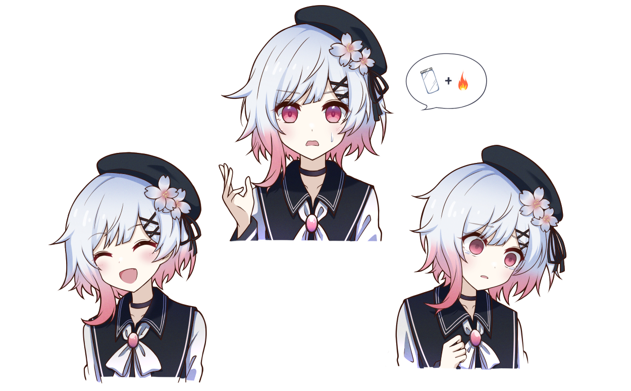 generic 33, sakuraba ema, mahou shoujo no majo saiban, commentary, 1girl, averting eyes, beret, black choker, black dress, black hat, choker, closed eyes, dress, empty eyes, fang, flower, gradient hair, hair ornament, hat, hat flower, looking at viewer, magical girl, multicolored hair, multiple views, open mouth, pink eyes, pink hair, ribbon, shirt, short hair, simple background, smile, speech bubble, sweat, tearing up, upper body, white background, white flower, white hair, white ribbon, white shirt, x hair ornament