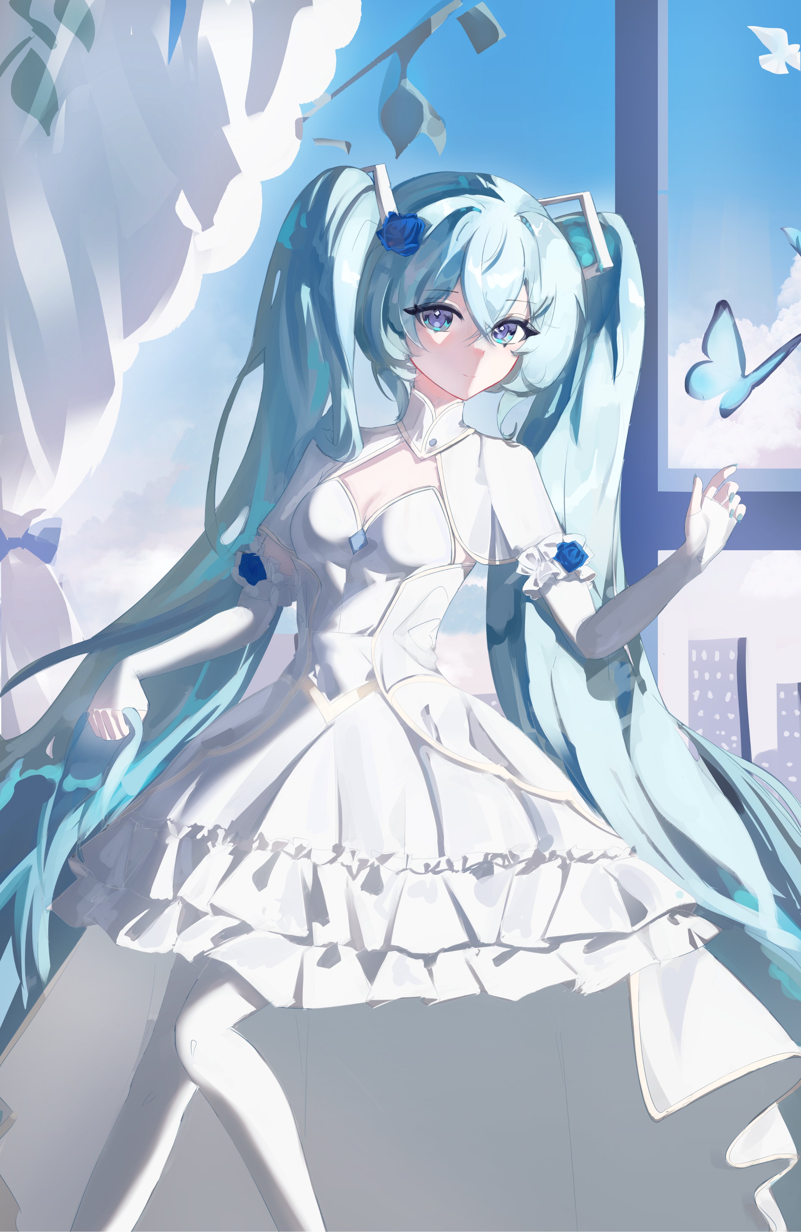 hatsune miku, vocaloid, absurdres, highres, 2teaq, aqua hair, blue bow, blue butterfly, blue eyes, blue flower, blue rose, bow, breasts, bug, butterfly, capelet, cleavage, cloud, cloudy sky, collared capelet, curtains, detached sleeves, dress, flower, frilled dress, frilled sleeves, frills, hair flower, hair ornament, insect, long hair, rose, sky, smile, twintails, very long hair, white capelet, white dress, white sleeves, window