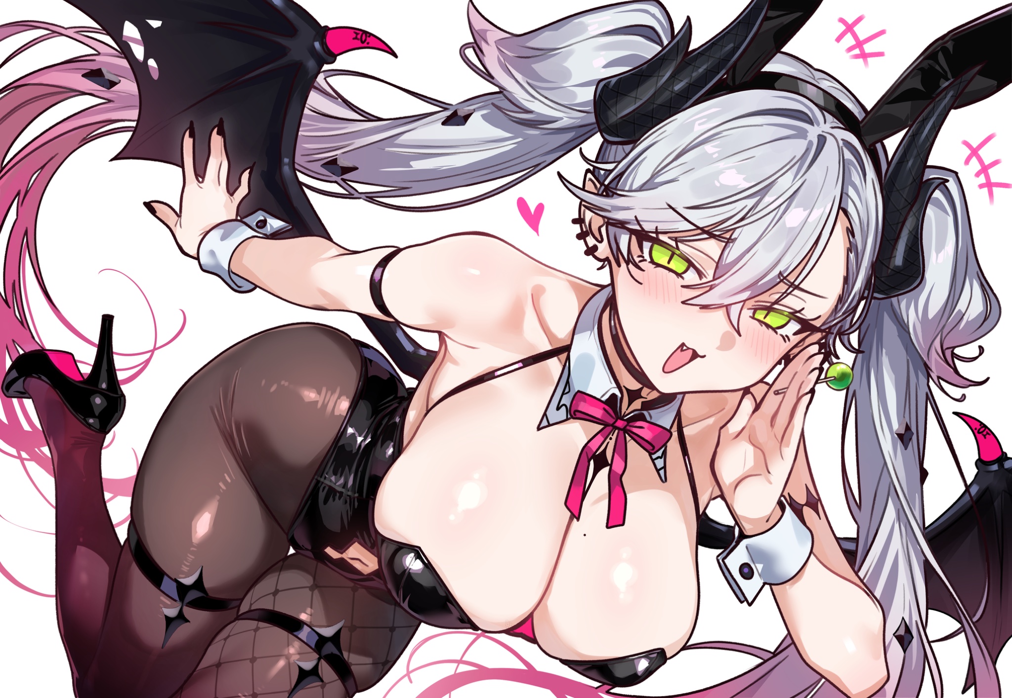 ebora, lilith (fate), fate/grand order, fate (series), highres, 1girl, animal ears, bare shoulders, black leotard, blush, body markings, bow, bowtie, breasts, brown pantyhose, candy, choker, cleavage, clothing cutout, crossed bangs, demon girl, demon horns, demon wings, detached collar, ear piercing, fake animal ears, food, green eyes, grey hair, hair between eyes, high heels, highleg, highleg leotard, horns, large breasts, leotard, lollipop, long hair, looking at viewer, navel, navel cutout, open mouth, pantyhose, piercing, playboy bunny, pointy ears, rabbit ears, smile, solo, thighs, twintails, very long hair, wings, wrist cuffs