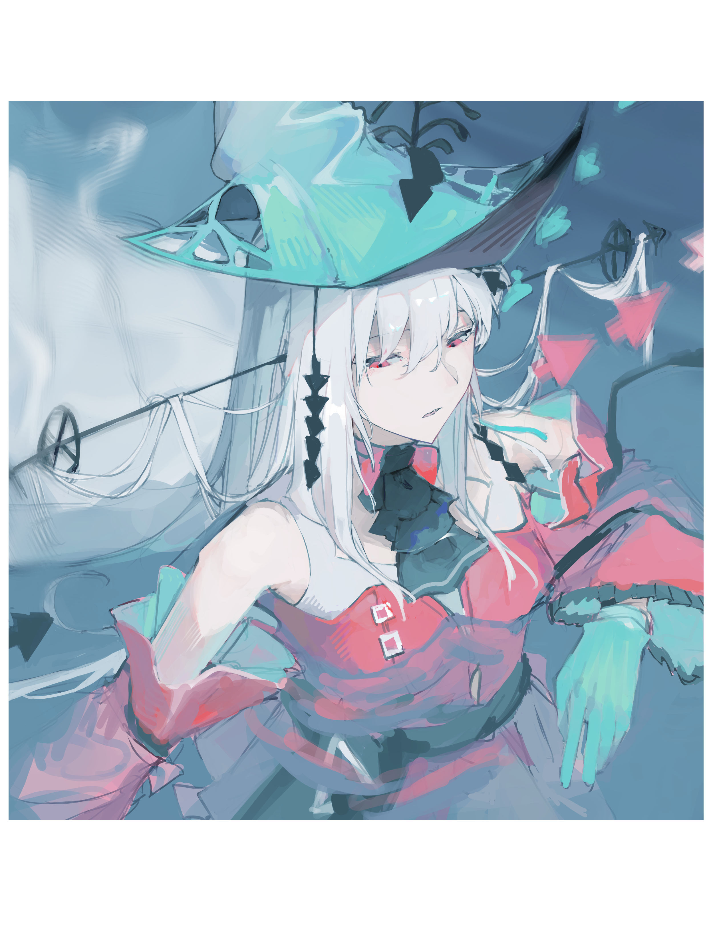 ay4 la, skadi (arknights), skadi the corrupting heart (arknights), arknights, absurdres, highres, 1girl, angelfish, aqua gloves, aqua hat, ascot, bare shoulders, black ascot, black ribbon, blurry, border, breasts, clothing cutout, detached sleeves, dress, fish, floating hair, gloves, hair between eyes, hair ornament, hair ribbon, hat, in water, long hair, long sleeves, medium breasts, navel cutout, off-shoulder dress, off shoulder, official alternate costume, parted lips, partially submerged, red dress, red eyes, red sleeves, ribbon, ripples, solo, tropical fish, upper body, very long hair, wading, water, wet, wet hair, white border, white hair