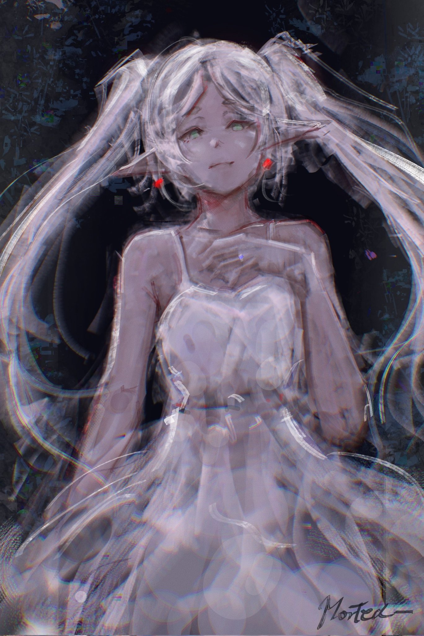 frieren, sousou no frieren, commentary, highres, 1girl, black background, closed mouth, collarbone, cowboy shot, dress, earrings, elf, green eyes, hand on own chest, jewelry, long hair, looking at viewer, morted art, painterly, pointy ears, signature, sleeveless, sleeveless dress, solo, teardrop earrings, twintails, white dress
