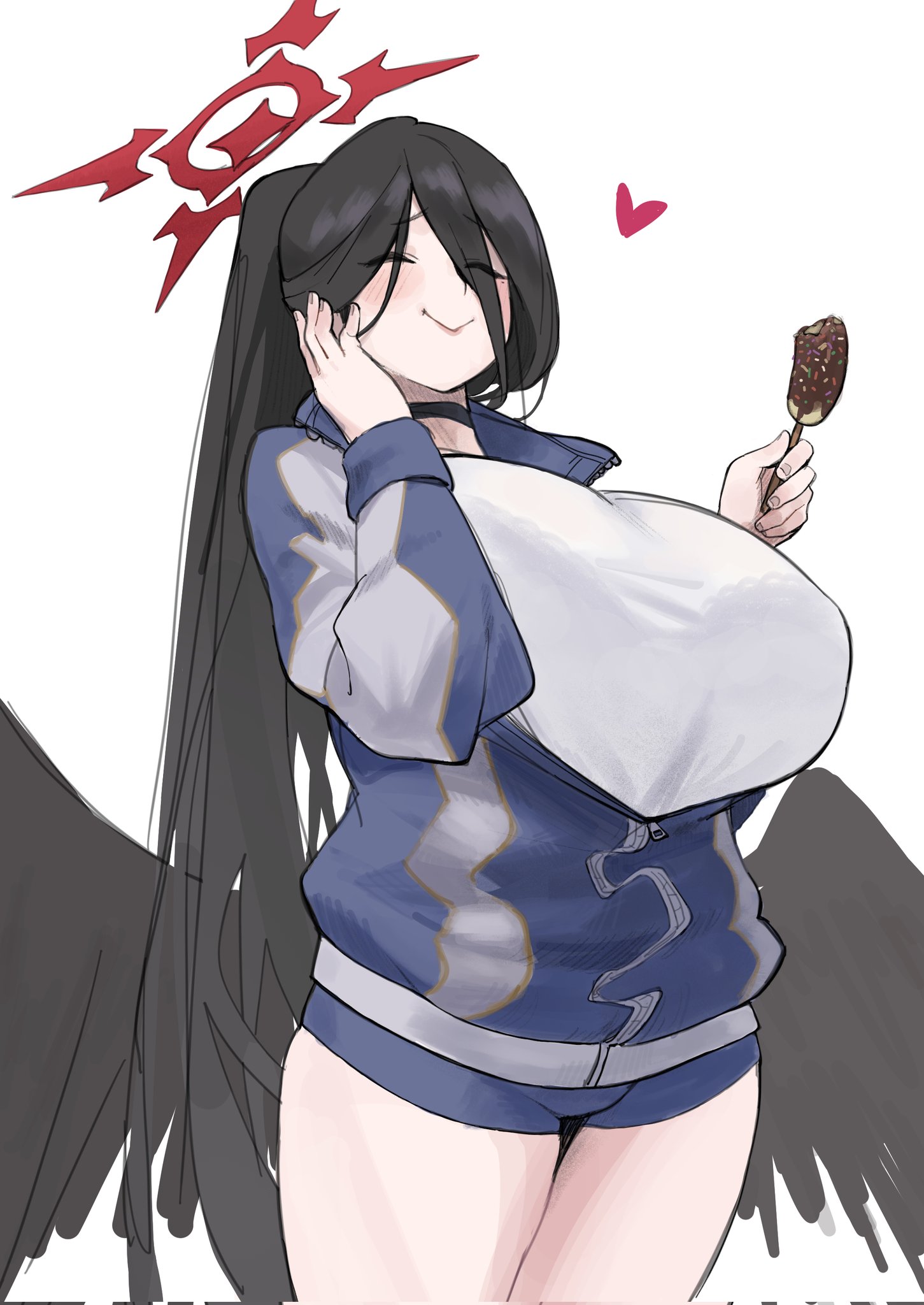 denpatou, hasumi (blue archive), hasumi (track) (blue archive), blue archive, highres, 1girl, breasts, chocolate-covered food, chocolate banana, closed eyes, eating, hair over eyes, halo, heart, huge breasts, jacket, long hair, shirt, short shorts, shorts, smile, spoken heart, thick thighs, thighs, very long hair, white background, wings