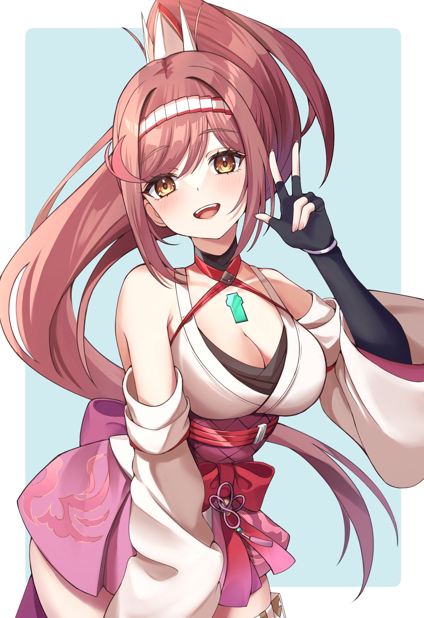 kaede (maple4rt), glimmer (xenoblade), xenoblade chronicles (series), xenoblade chronicles 3, xenoblade chronicles 3: future redeemed, highres, 1girl, bare shoulders, black choker, black gloves, blush, breasts, chest jewel, choker, cleavage, core crystal (xenoblade), criss-cross halter, detached sleeves, fingerless gloves, gloves, hairband, halterneck, high ponytail, japanese clothes, kimono, large breasts, long hair, looking at viewer, obi, open mouth, ponytail, red hair, sash, simple background, smile, solo, swept bangs, teeth, two-tone hairband, upper teeth only, white kimono