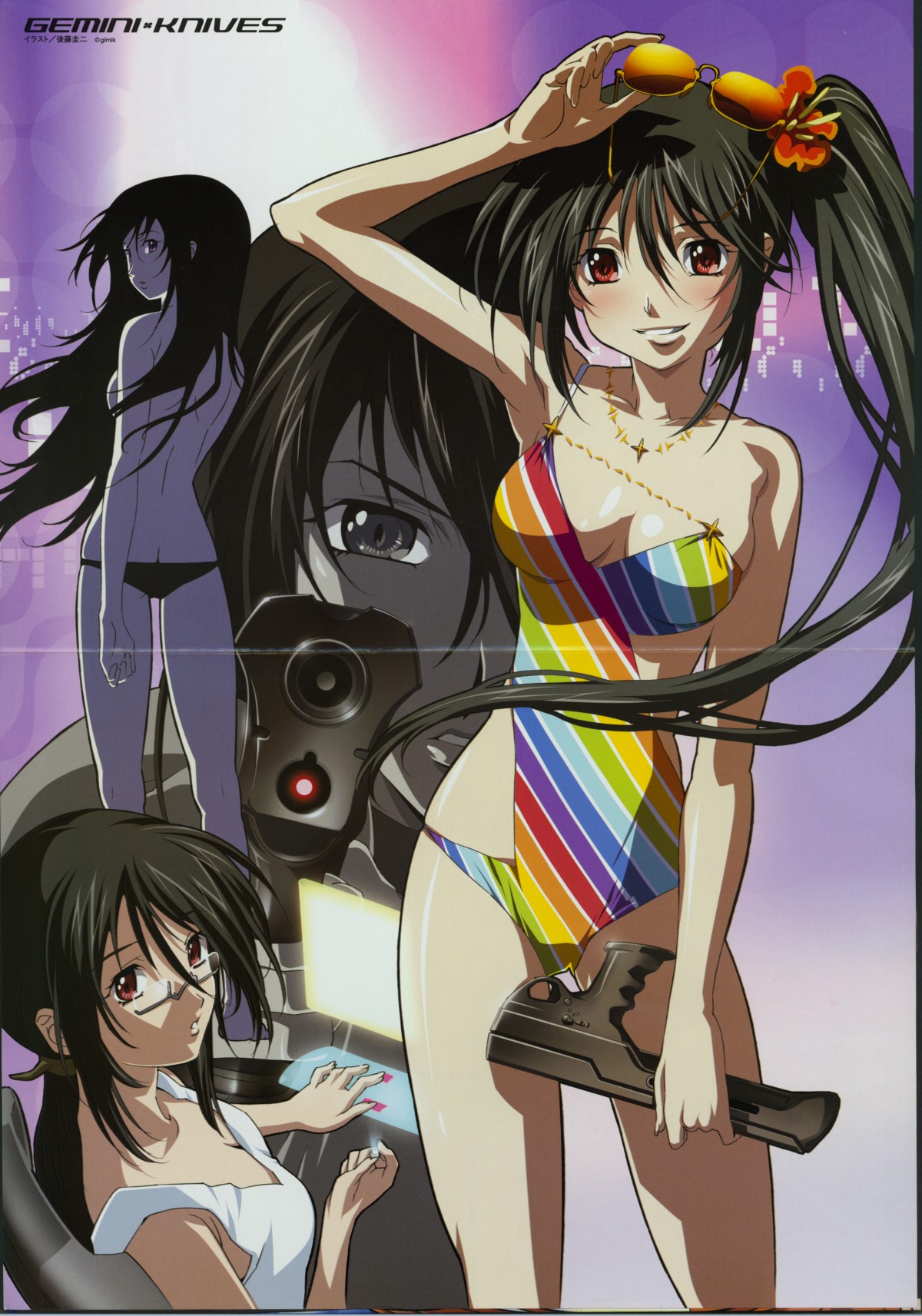 gotou keiji, chrysalis, gemini knives, megami magazine, highres, official art, scan, 2girls, adjusting eyewear, alternate hairstyle, back, black hair, black panties, blush, breasts, butt crack, casual one-piece swimsuit, cleavage, crease, flower, geminiknives, glasses, gun, hair flower, hair ornament, jewelry, large breasts, long hair, looking back, lowleg, lowleg panties, medium breasts, multiple girls, necklace, one-piece swimsuit, panties, ponytail, red eyes, side ponytail, smile, striped clothes, striped one-piece swimsuit, sunglasses, swimsuit, topless female, underwear, weapon