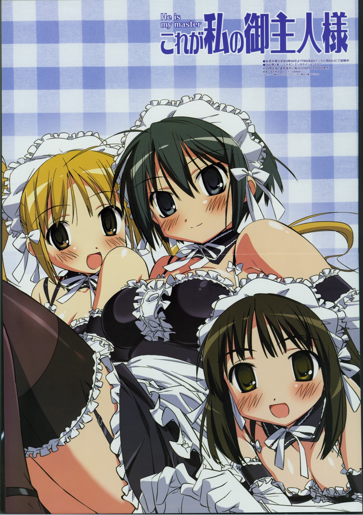 takamura kazuhiro, kurauchi anna, sawatari izumi, sawatari mitsuki, kore ga watashi no goshujin-sama, megami magazine, frilled legwear, highres, non-web source, official art, scan, 00s, 3girls, ahoge, arm garter, bare shoulders, black eyes, black hair, black thighhighs, blonde hair, blush, bow, breasts, brown eyes, checkered background, cleavage, collar, copyright name, crease, detached collar, dot nose, elbow gloves, everyone, facing viewer, frills, garter straps, gloves, large breasts, looking at viewer, lying, maid, maid headdress, medium breasts, multiple girls, nakabayashi yoshitaka's maid uniform, on back, ribbon, short hair, siblings, sisters, sitting, small breasts, smile, thighhighs, thighs, twintails, white frills, white gloves