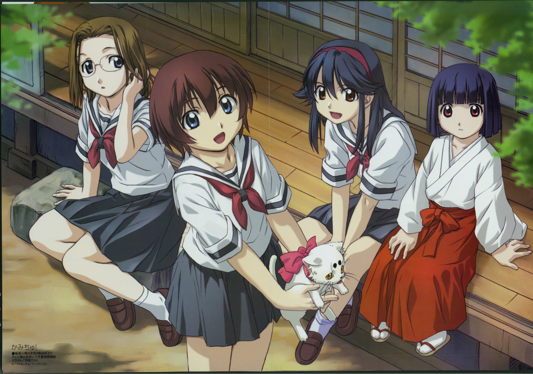 uon taraku, hitotsubashi tama, hitotsubashi yurie, saegusa matsuri, saegusa miko, shijou mitsue, kamichu!, megami magazine, highres, non-web source, official art, scan, 00s, 4girls, adjusting hair, arm support, blue eyes, blue hair, bob cut, bow, brown eyes, cat, child, crease, everyone, glasses, hairband, hakama, hakama skirt, holding, japanese clothes, long hair, miko, multiple girls, outdoors, red eyes, red hakama, school uniform, serafuku, shoes, short hair, sitting, skirt, smile, socks