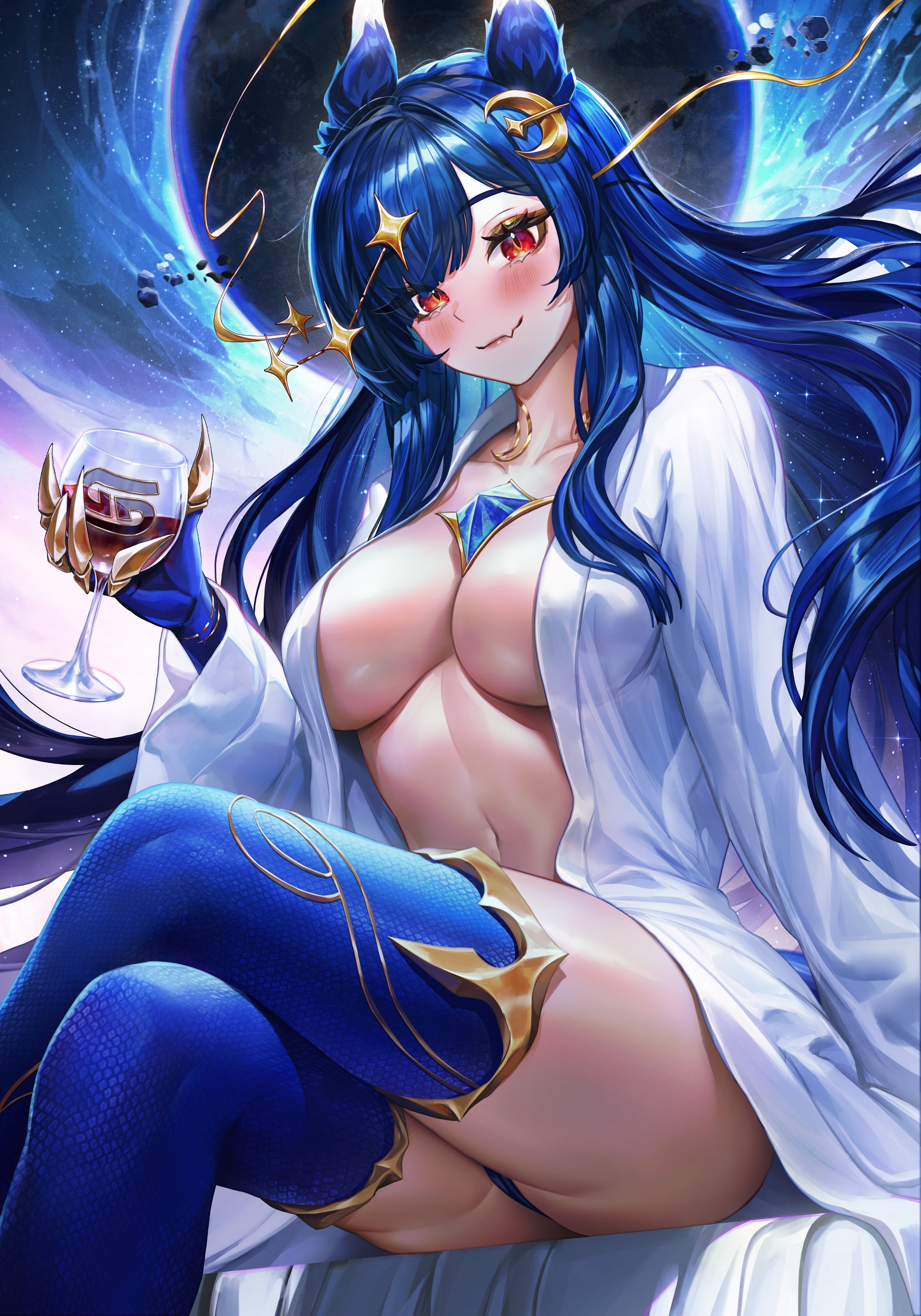 artofkuzu, vienna (vtuber), vienna (vtuber) (4th costume), gamer supps, indie virtual youtuber, absurdres, highres, official art, second-party source, 1girl, blue hair, breasts, chest jewel, claws, closed mouth, collarbone, crescent, crescent hair ornament, crossed legs, cup, drinking glass, eyelashes, fang, gold trim, hair ornament, holding, holding cup, large breasts, linea alba, logo, long hair, navel, official alternate costume, open clothes, open robe, red eyes, robe, sitting, skin fang, solo, star (symbol), star hair ornament, thighs, virtual youtuber, white robe, wine glass