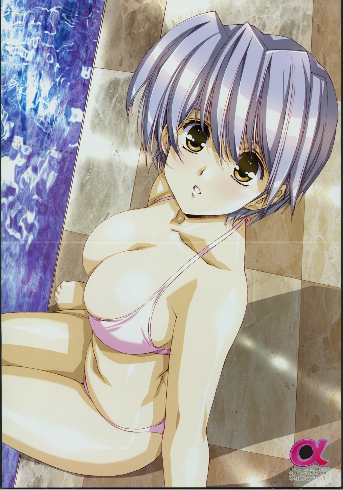 urushihara satoshi, alpha (urushihara), megami magazine, light purple hair, highres, official art, scan, 1girl, bikini, breasts, checkered floor, cleavage, crease, female focus, floor, from above, large breasts, looking at viewer, parted lips, pink bikini, pool, poolside, short hair, sitting, solo, swimsuit, water, yellow eyes