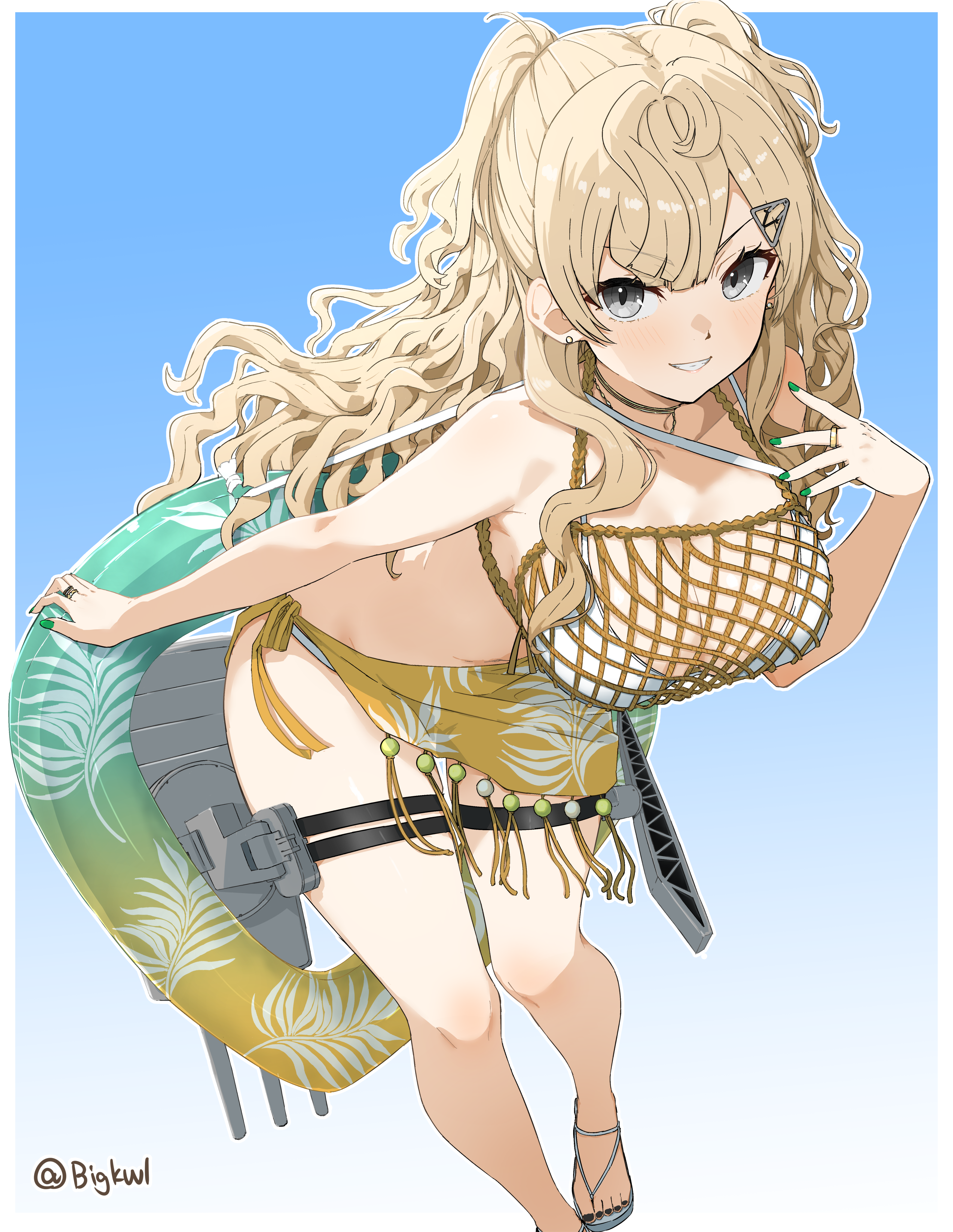bigkwl, minneapolis (kancolle), kantai collection, absurdres, commentary request, highres, 1girl, bikini, blonde hair, breasts, cleavage, fishnets, flower, gradient background, grey eyes, grin, hair flower, hair ornament, large breasts, long hair, looking at viewer, mesh, minneapolis (swimsuit) (kancolle), navel, official alternate costume, rigging, sandals, sarong, smile, solo, swimsuit, twitter username, two side up, white bikini, yellow sarong