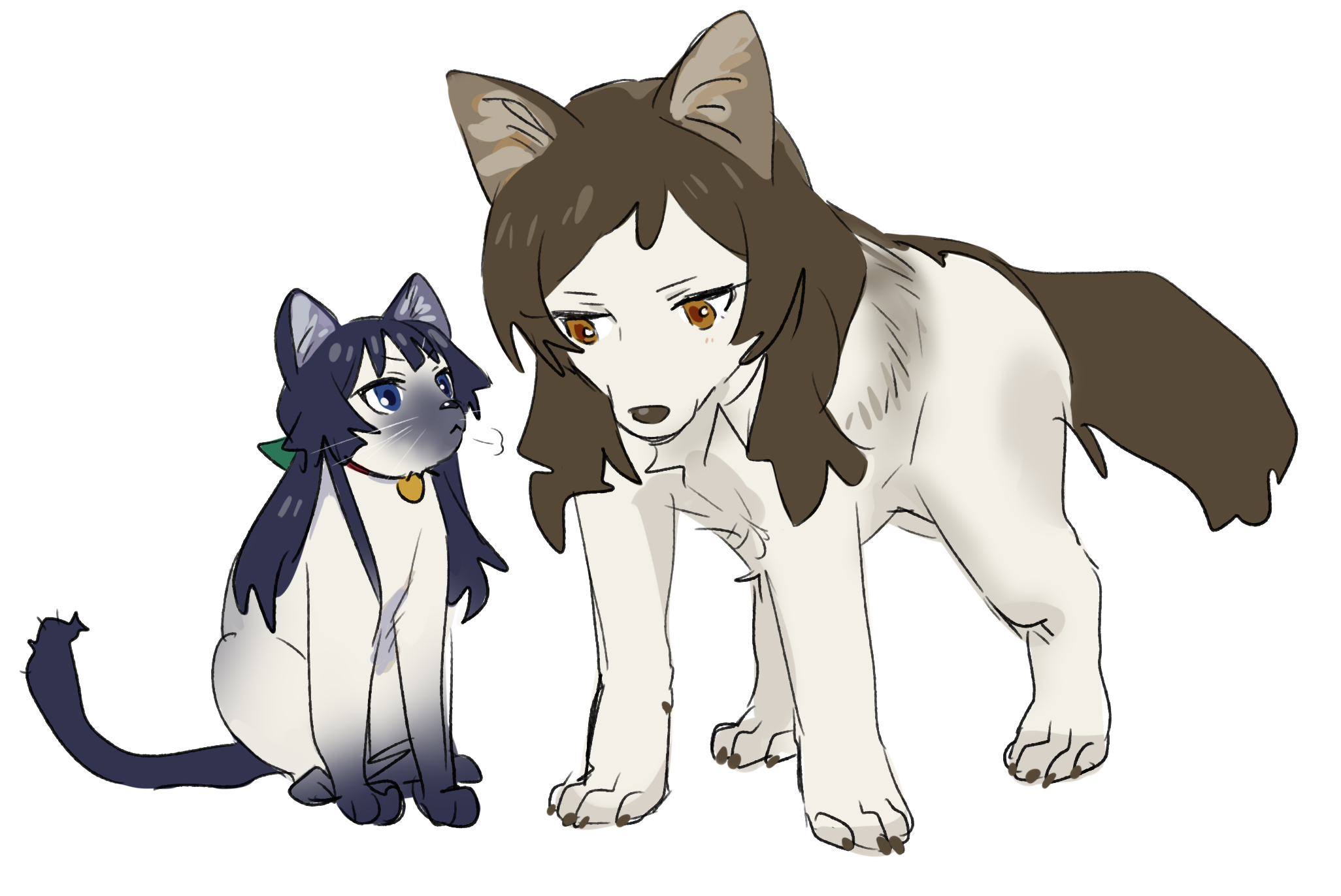 yomosaka, kitazawa shiho, mogami shizuka, idolmaster, idolmaster million live!, highres, animal, animal focus, animalization, black hair, blue eyes, brown eyes, brown hair, cat, full body, long hair, looking at another, no humans, simple background, sitting, standing, white background, wolf