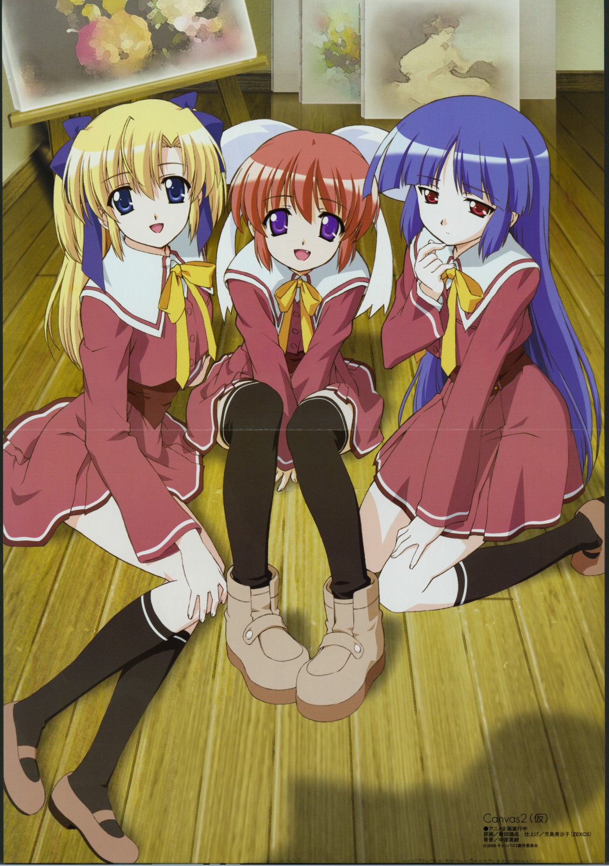 nitta yasunari, hagino kana, housen elis, misaki sumire, canvas (cocktail soft), canvas 2, megami magazine, highres, magazine scan, non-web source, official art, scan, 00s, 3girls, black socks, black thighhighs, blonde hair, blue eyes, blue hair, boots, bow, canvas (object), crease, easel, fang, finger to mouth, hair bow, hair ribbon, kneehighs, kneeling, long hair, mary janes, multiple girls, purple eyes, red eyes, red hair, ribbon, school uniform, serafuku, shoes, short hair, sitting, smile, socks, thighhighs, twintails, very long hair, zettai ryouiki