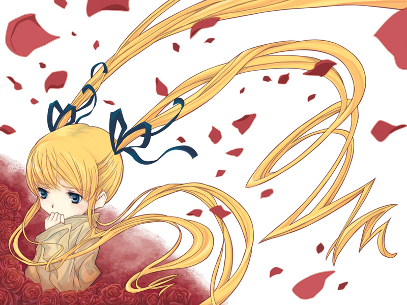 saiguchi otoufu, shinku, rozen maiden, 00s, 1girl, blonde hair, bow, female focus, flower, hair bow, long hair, petals, red flower, red rose, rose, rose petals, solo, twintails, white background
