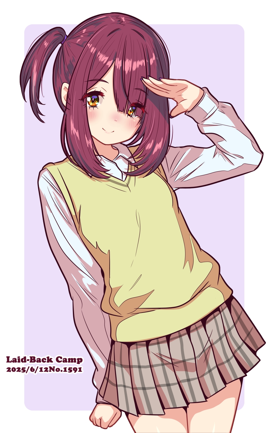 jagi (jagi souken), toki ayano, yurucamp, highres, 1girl, 2025, black outline, blush, border, brown eyes, closed mouth, collared shirt, copyright name, dated, dress shirt, grey background, grey skirt, leaning to the side, long hair, long sleeves, looking at viewer, miniskirt, one side up, outline, outside border, plaid clothes, plaid skirt, pleated skirt, purple hair, salute, school uniform, shirt, skirt, smile, solo, sweater vest, white border, white shirt, wing collar, yellow sweater vest