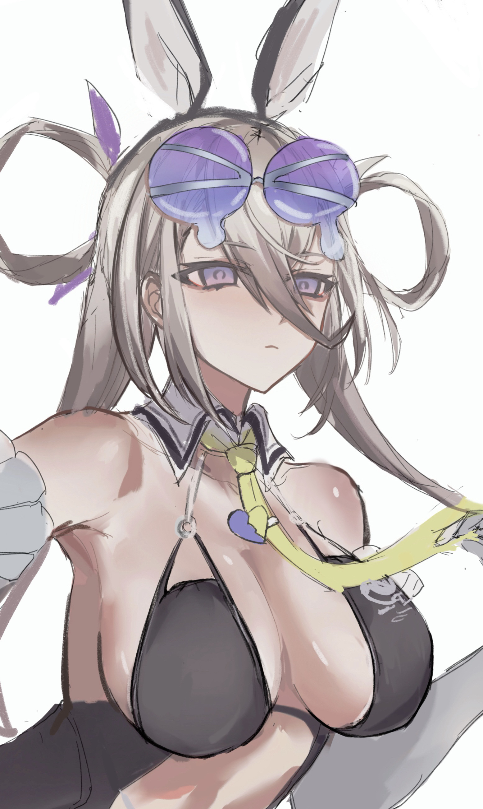 mroaridnryed alter, huyan zhuo (fate), fate/grand order, fate (series), absurdres, highres, 1girl, animal ears, bare shoulders, black one-piece swimsuit, blush, breasts, cleavage, detached collar, detached sleeves, eyewear on head, fake animal ears, grey eyes, grey hair, hair between eyes, hair ornament, hair rings, hairclip, huyan zhuo (swimsuit berserker) (fate), large breasts, long hair, looking at viewer, low twintails, necktie, one-piece swimsuit, plunging neckline, solo, sunglasses, swimsuit, twintails, very long hair