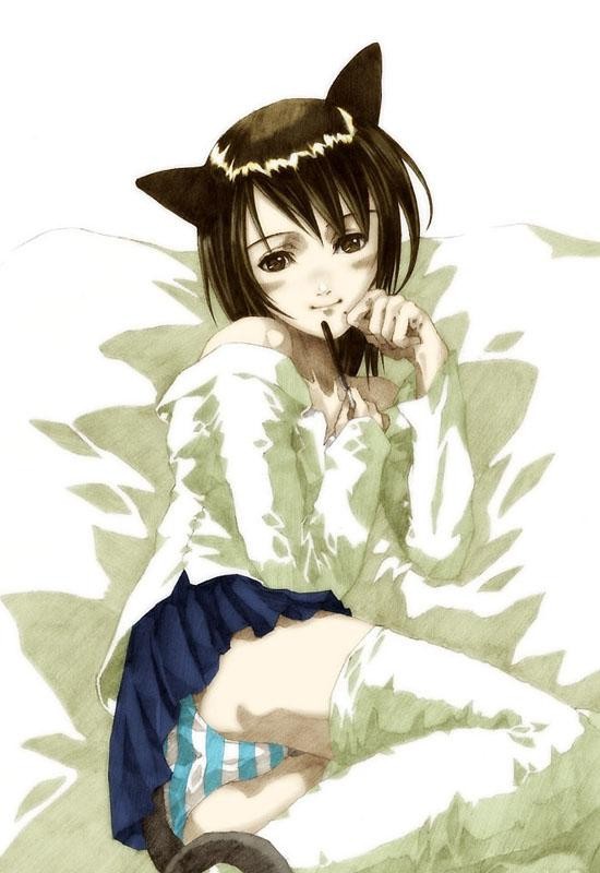 animal ears, blouse, blue panties, blush, cat ears, lying, miniskirt, on side, panties, shirt, skirt, solo, strapless, striped clothes, striped panties, thighhighs, underwear, white thighhighs