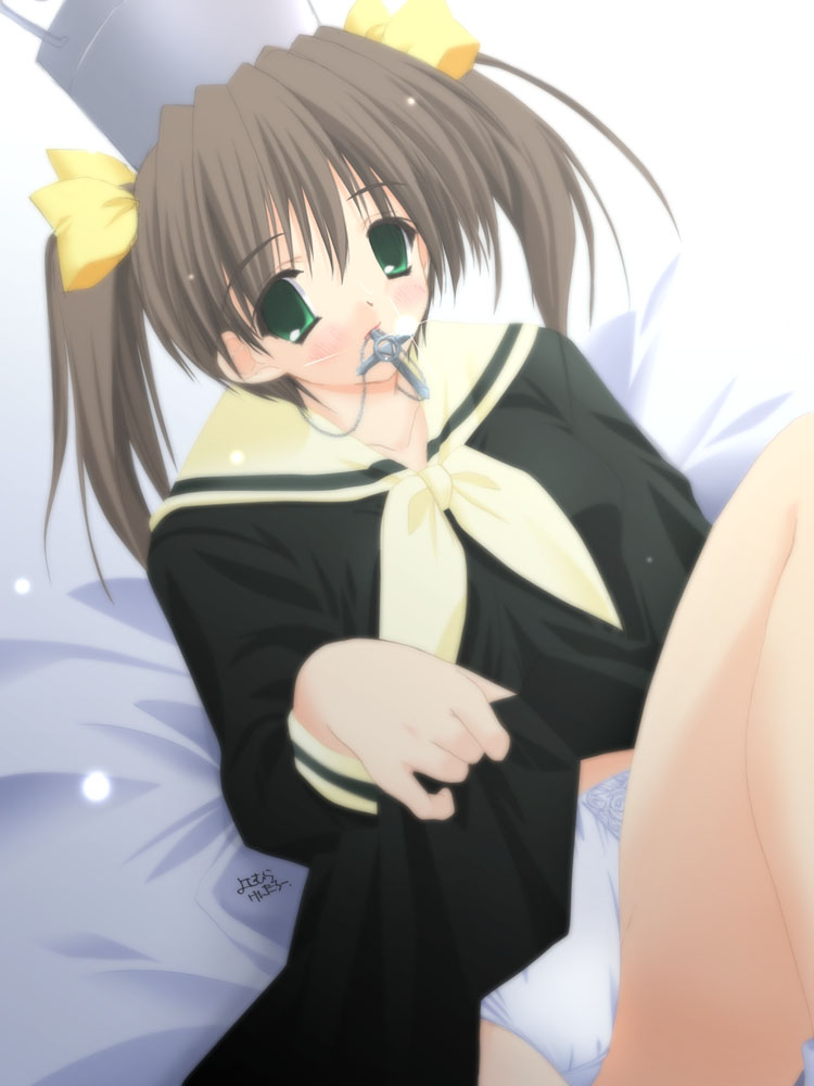 fukuzawa yumi, maria-sama ga miteru, 00s, clothes lift, leg lift, lifting own clothes, lying, on back, panties, skirt, skirt lift, solo, twintails, underwear, white panties