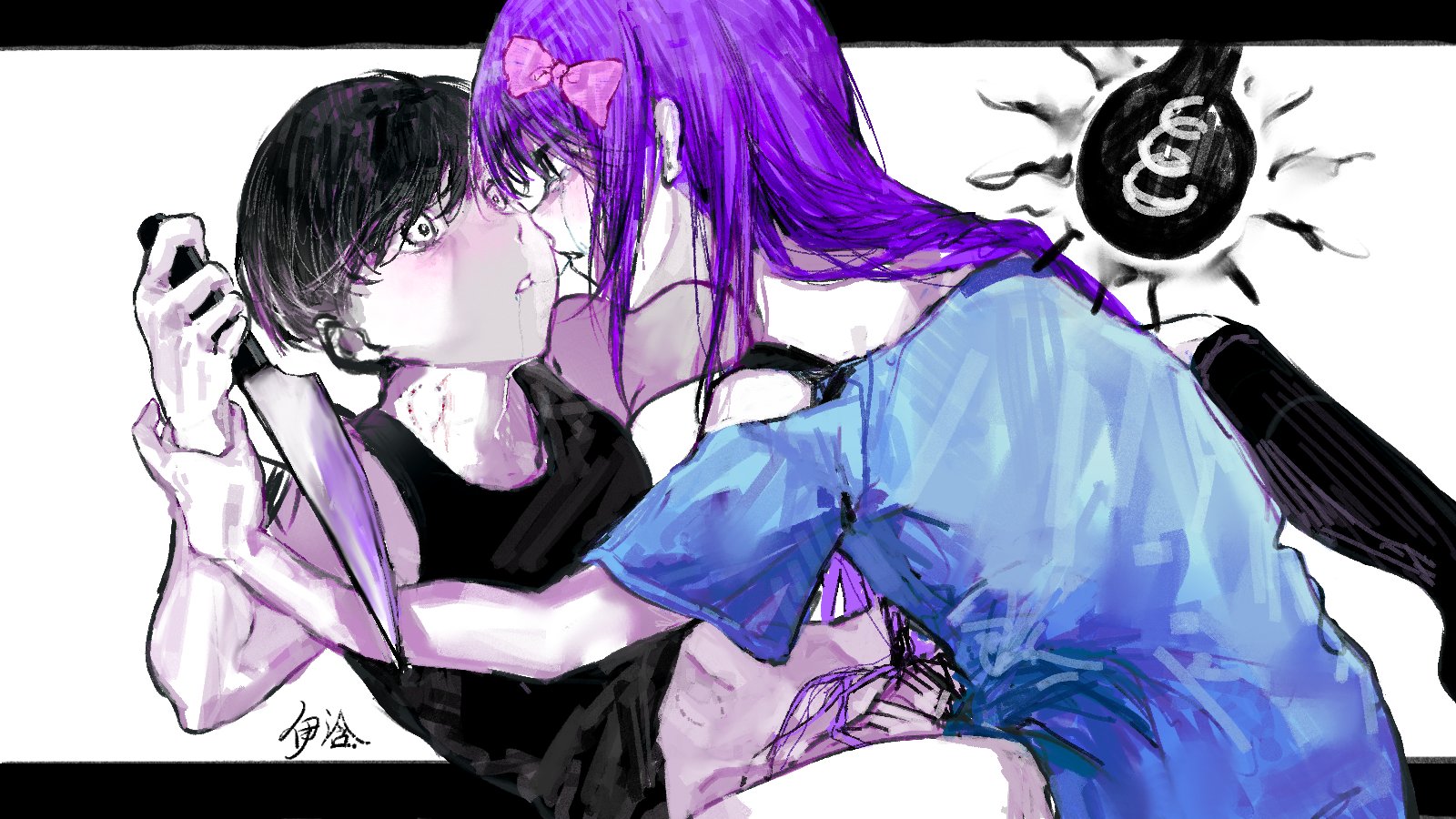 yihanmomo, aubrey (headspace) (omori), aubrey (omori), omori (omori), omori, highres, 1boy, 1girl, bite mark, bite mark on neck, black hair, black socks, black tank top, blue dress, bow, colored skin, dress, eye contact, face-to-face, hair bow, hair ornament, holding, holding knife, knife, letterboxed, long hair, looking at another, official alternate eye color, outside border, pink bow, purple hair, reverse grip, short hair, simple background, socks, tank top, white background, white eyes, white skin