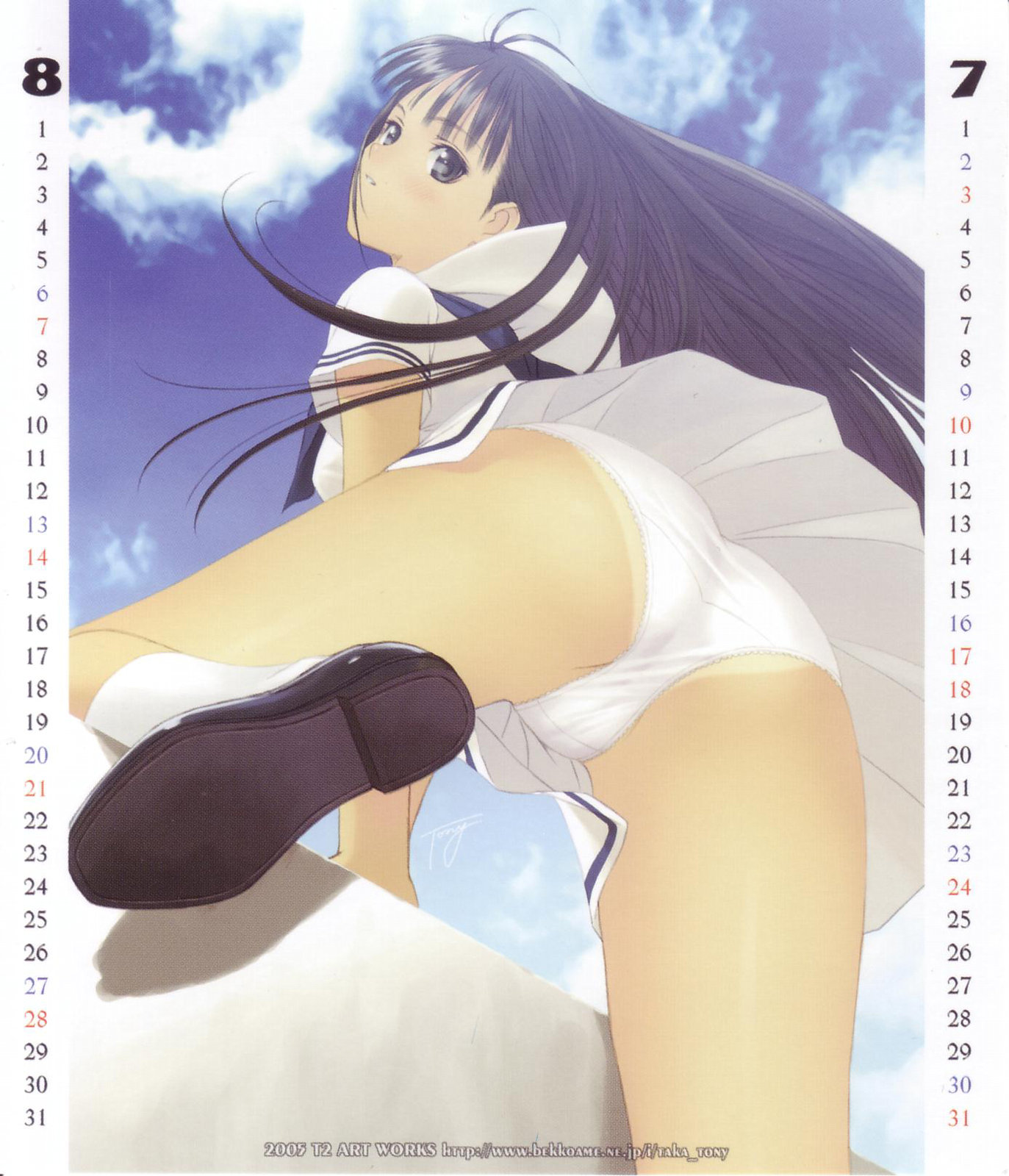 tanaka takayuki, mizushima asa, sora no iro mizu no iro, white legwear, highres, ass, black eyes, black hair, blush, cameltoe, climbing, from below, lace-trimmed panties, legs, long hair, looking back, looking down, miniskirt, panties, pantyshot, pleated skirt, sailor dress, school uniform, shoes, skirt, socks, tan, tanline, underwear, upskirt, white panties