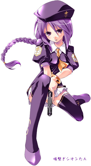sion eltnam (type-moon), sion eltnam atlasia, melty blood, tsukihime, uniform, 00s, 1girl, ascot, beret, bracelet, braid, cocking gun, female focus, full body, gun, handgun, hat, jewelry, looking at viewer, miniskirt, pistol, ponytail, puffy sleeves, purple eyes, purple hair, serious, shoes, simple background, single braid, skirt, solo, thighhighs, weapon, zettai ryouiki