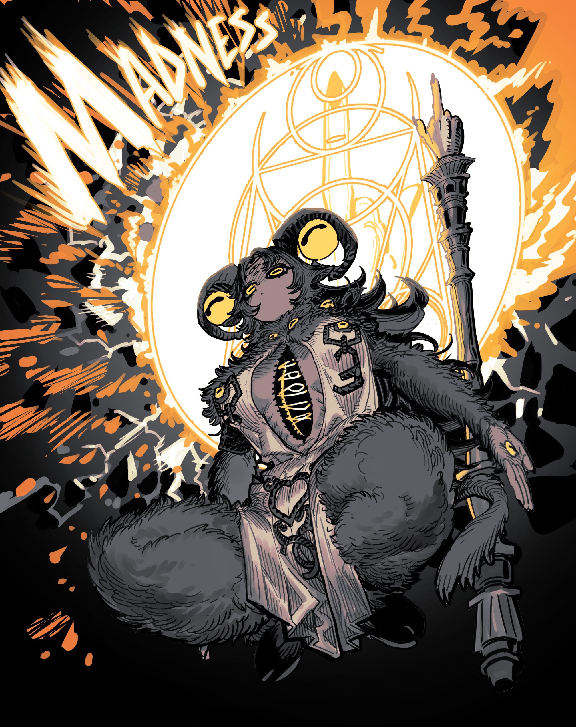 ssambatea, libra (elden ring), dark souls (series), elden ring, elden ring nightreign, absurdres, character request, highres, 1girl, belt, black background, breasts, dark-skinned female, dark skin, extra eyes, from below, goat girl, goat horns, hooves, horizontal pupils, horns, large breasts, long hair, magic circle, monster girl, robe, squatting, staff