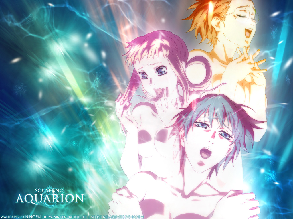 hong lihua, silvia de alisia, tsugumi rosenmeier, aquarion (series), sousei no aquarion, 00s, 3girls, blue eyes, breasts, collarbone, gattai, glasses, hair rings, hairband, merge, multiple girls, nude, orgasm, short hair