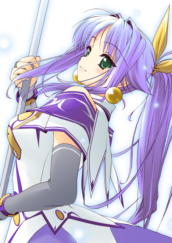rokuwata tomoe, angelan, virtual on, 1girl, breasts, earrings, fantasy, female focus, gradient background, hair intakes, jewelry, mecha musume, off shoulder, personification, ponytail, solo