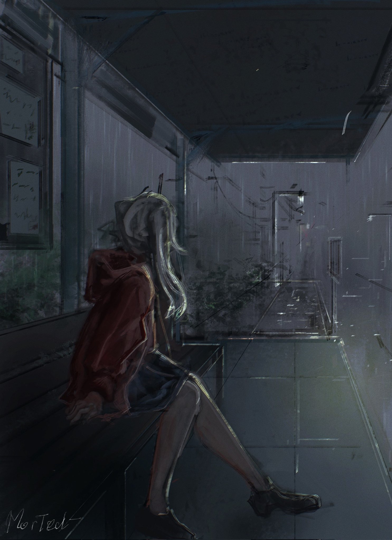 frieren, sousou no frieren, commentary, highres, 1girl, alternate costume, bench, black shoes, blue skirt, bus stop, elf, from side, full body, hood, hoodie, lamppost, long hair, long sleeves, looking to the side, morted art, night, on bench, painterly, pointy ears, rain, red hoodie, road, shirt, shoes, signature, skirt, solo, street, twintails, white shirt, wooden bench