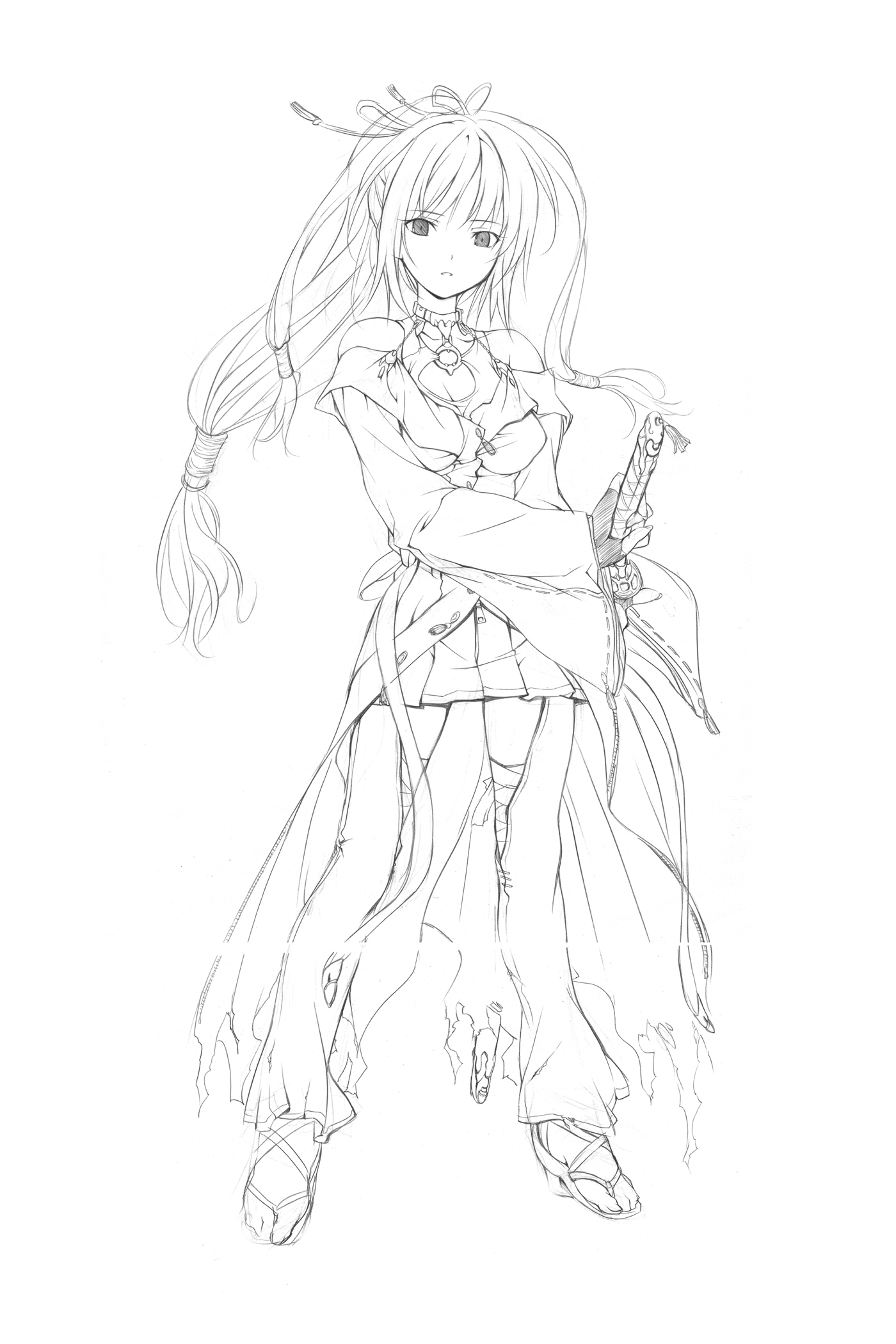 highres, 1girl, fantasy, female focus, greyscale, long hair, monochrome, sandals, solo, sword, weapon, zouri
