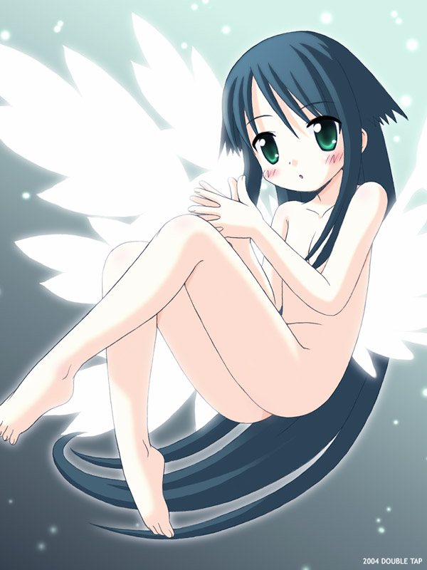 saya (saya no uta), saya no uta, 1girl, barefoot, completely nude, feet, female focus, glowing, long hair, nude, solo, toes, very long hair, wings