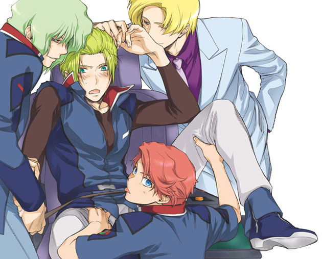 clotho buer, muruta azrael, orga sabnak, shani andras, gundam, gundam seed, 00s, 2boys, 4boys, arm up, belt, blonde hair, blue eyes, blush, boots, buckle, coat, crotch grab, embarrassed, formal clothes, gang rape, green eyes, green hair, groping, holding another's wrist, holding legs, jacket, kiss, kissing hand, leg grab, looking at viewer, looking back, male focus, multiple boys, naughty face, necktie, one eye closed, open mouth, rape, red eyes, red hair, restrained, short hair, sitting, spread legs, struggling, suit, tongue, tongue out, tuxedo, undressing, wink, yaoi