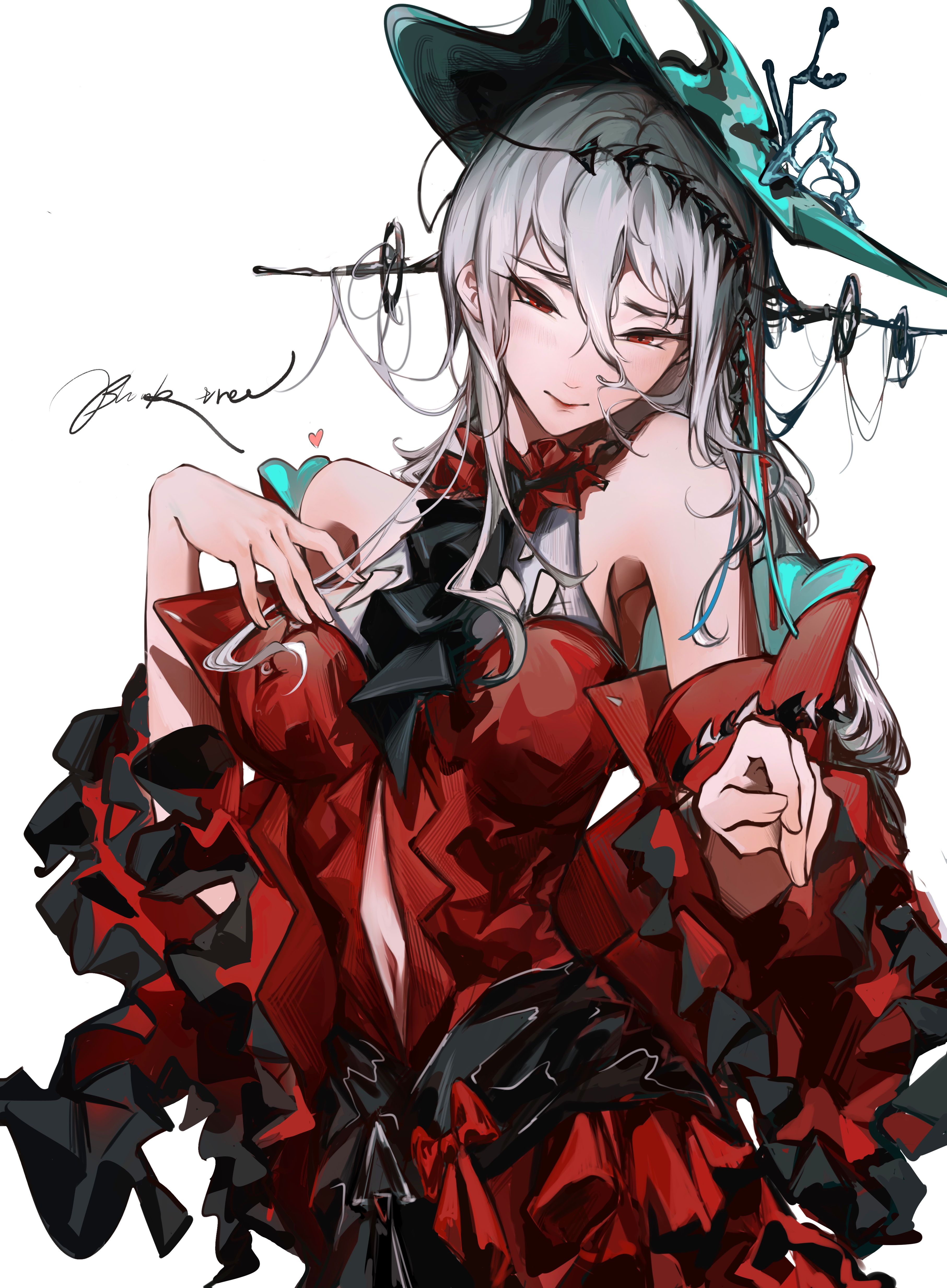 skadi (arknights), skadi the corrupting heart (arknights), arknights, absurdres, highres, 1girl, angelfish, aqua gloves, aqua hat, armpits, ascot, bare shoulders, black ascot, blanktree, blush, breasts, closed mouth, clothing cutout, detached sleeves, dress, fish, gloves, hair between eyes, hair ornament, hair ribbon, half-closed eyes, hat, lips, long hair, long sleeves, looking down, medium breasts, navel, navel cutout, off-shoulder dress, off shoulder, official alternate costume, red dress, red eyes, red sleeves, ribbon, signature, simple background, solo, tropical fish, upper body, very long hair, white background, white hair