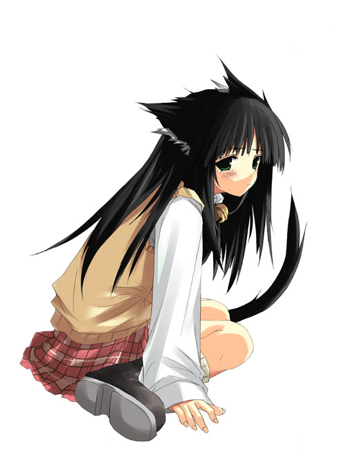 shinozuka arashi, gad guard, duplicate, 00s, animal ears, bell, black hair, blue eyes, boots, cat ears, cat tail, dress shirt, long sleeves, sad, shirt, skirt, sleeves past wrists, socks, tail, vest