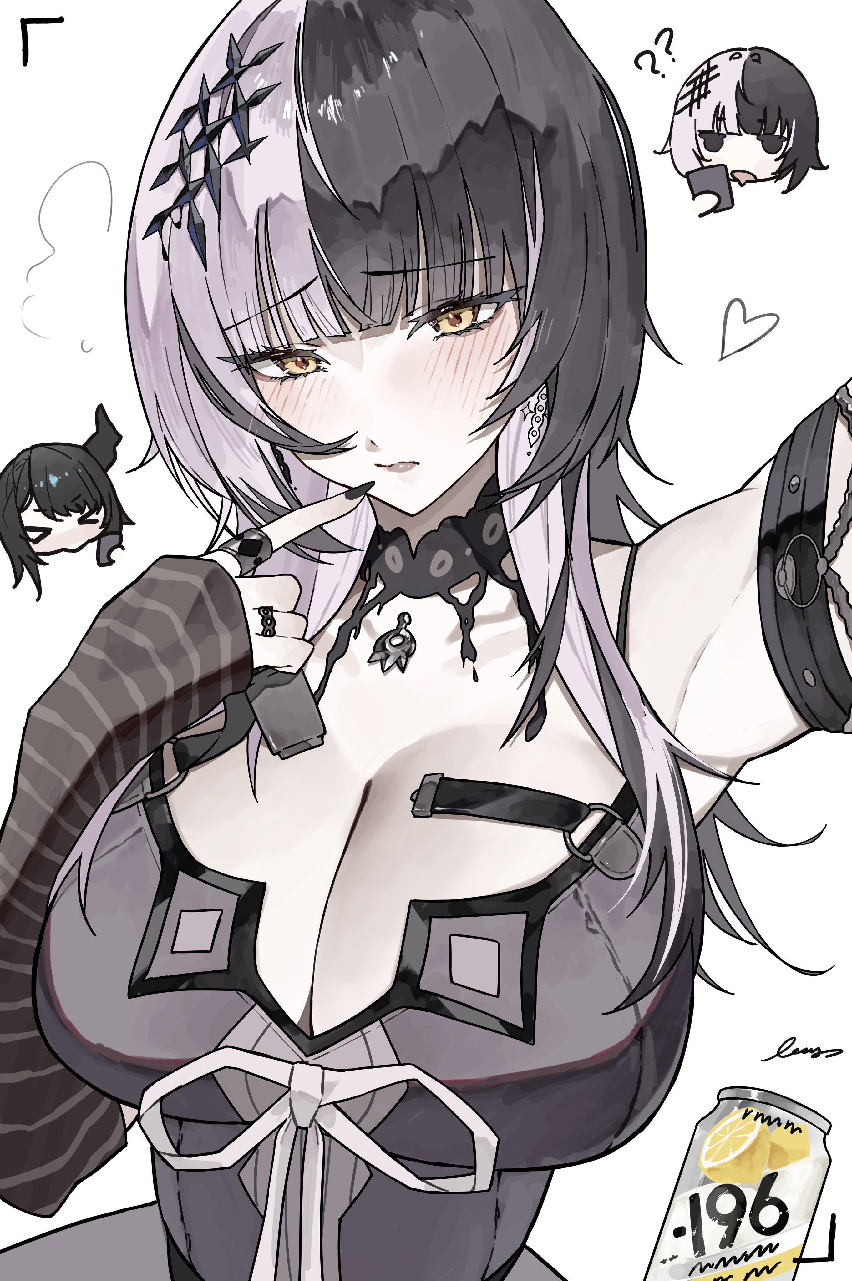 ewn, nerissa ravencroft, shiori novella, hololive, hololive english, absurdres, highres, 2girls, asymmetrical horns, black arm warmers, black choker, black dress, black hair, black nails, blue hair, breasts, chest belt, choker, cleavage, coat, colored inner hair, crystal horns, demon horns, dress, flower, fur-trimmed coat, fur trim, grey hair, hair ornament, horn flower, horns, lace, lace-trimmed choker, lace choker, lace trim, large breasts, long hair, looking at viewer, mole, mole under eye, multicolored hair, multiple girls, simple background, smile, solo focus, split-color hair, striped arm warmers, tassel, tassel hair ornament, two-tone hair, uneven horns, very long hair, virtual youtuber, white background, yellow eyes