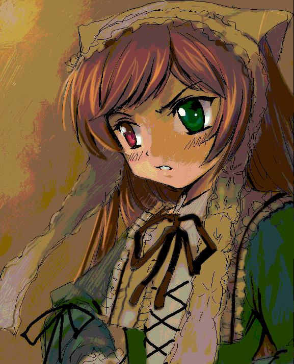 suiseiseki, rozen maiden, 00s, 1girl, female focus, headscarf, heterochromia, lolita fashion, long hair, solo, upper body, very long hair, white headscarf