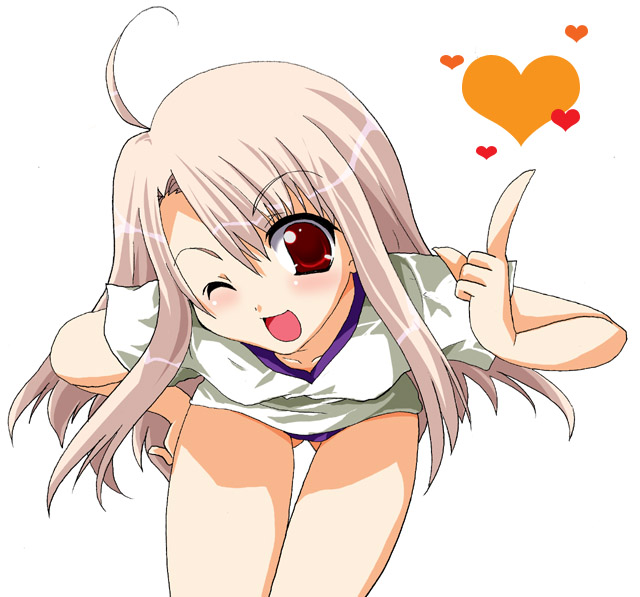 kineya emuko, illyasviel von einzbern, fate/stay night, fate (series), 00s, 1girl, female focus, hand on own hip, heart, hip focus, leaning forward, official alternate costume, one eye closed, open mouth, pointing, raised eyebrow, simple background, solo, wink