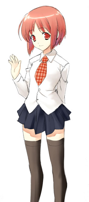 akino momiji, sakura musubi, 1girl, arm behind back, black thighhighs, female focus, necktie, plaid clothes, plaid necktie, pleated skirt, school uniform, serafuku, simple background, skirt, solo, thighhighs, white background, zettai ryouiki