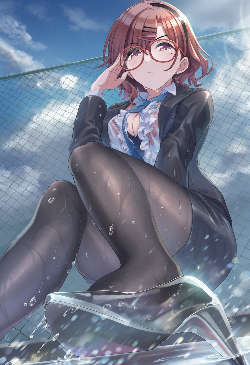 higuchi madoka, idolmaster, idolmaster shiny colors, highres, 1girl, black skirt, blue necktie, blue shirt, breasts, closed mouth, collared shirt, necktie, office lady, pantyhose, pencil skirt, rob202231, shirt, shirt tucked in, skirt, wet, wet clothes
